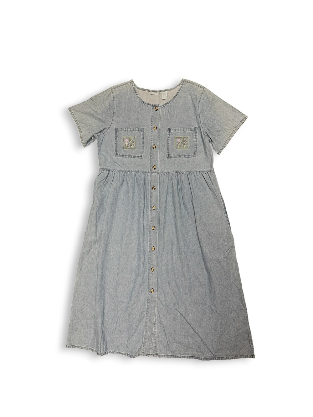 VINTAGE Fundamentals Blue Denim Button Front Embroidered Midi Dress Pockets L